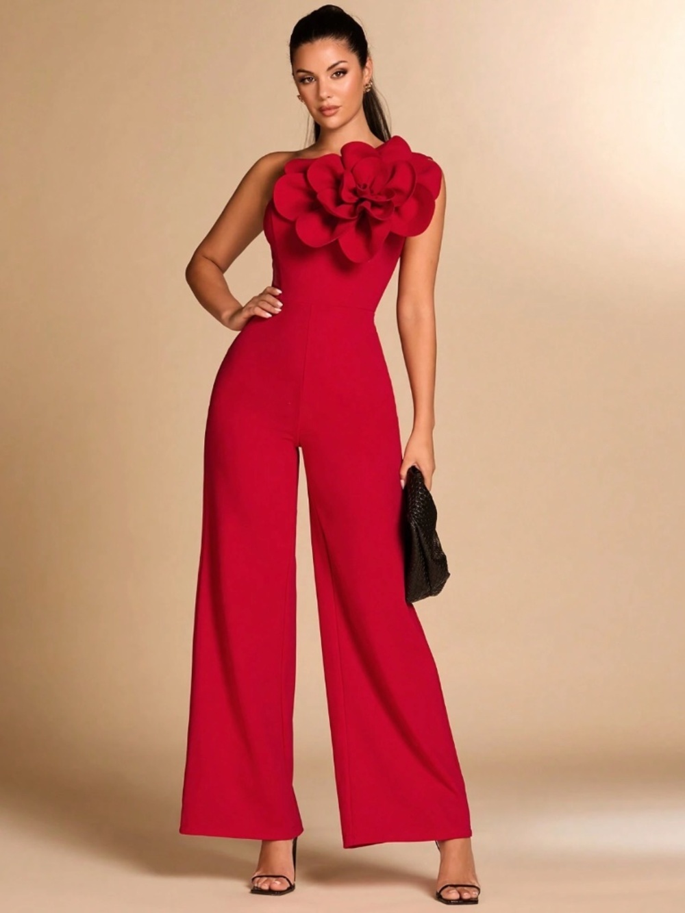 Flower Detail One Shoulder Red Elegant Jumpsuit High Waisted Long Wide Leg